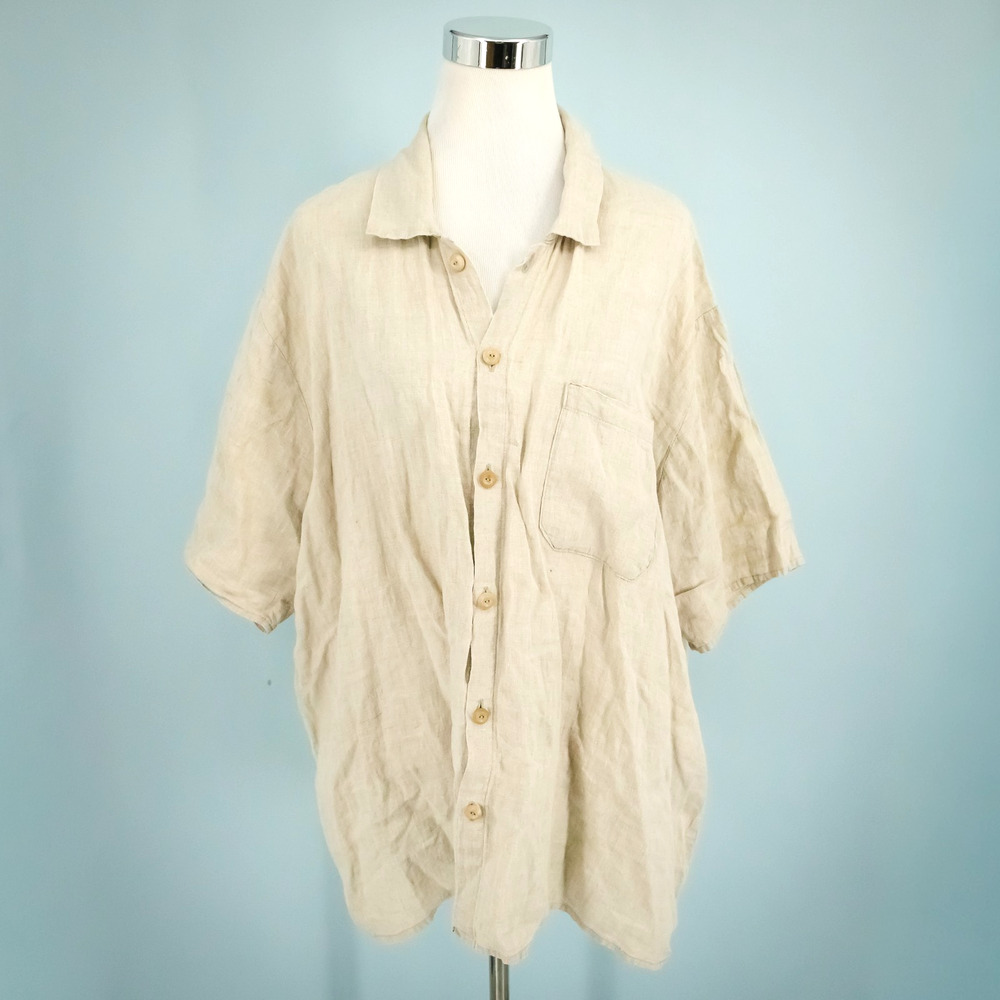 Flax Size Large L Tan Beige Collared Button Short Sleeve 100% Linen Top